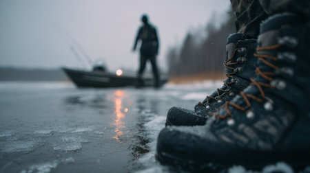 Frozen boots by an ice hole showcase winter fishings challenges and the spirit of perseverance.の素材