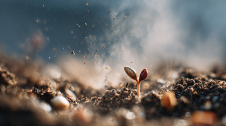 A small seedling emerges from rich soil, showing delicate leaves and the process of germination, symbolizing renewal and life.の素材