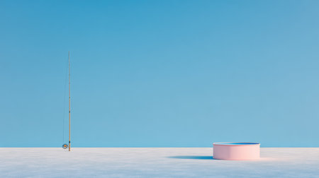 A serene winter landscape features a fishing rod next to a circular fishing hole on smooth white snow. Soft blue sky enhances the calmness.の素材