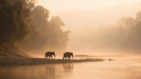 Two elephants stroll gently along the riverbank during sunrise, enveloped in a soft mist that enhances the tranquil atmosphere.の素材