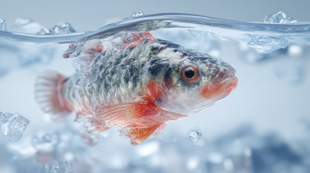 Brightly colored fish is captured beneath a smooth layer of transparent ice, highlighting unique details and textures in a creative display.の素材