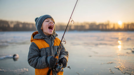 A small boy joyfully catches his first fish on a frozen lake, showcasing a proud expression as the sun rises in the background.の素材
