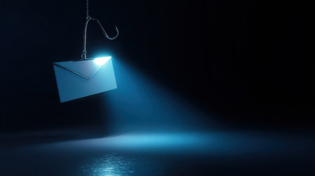Bright glowing hook captures a digital envelope in a dark environment symbolizing online fraud and phishing threats in cyberspace.の素材