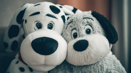 A dog hugs a plush toy, expressing feelings of comfort and loneliness in a warm and inviting setting during the evening.の素材