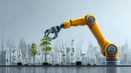 A robotic arm assembles eco-friendly devices in a well-lit industrial space, highlighting advancements in sustainable manufacturing practices.の素材
