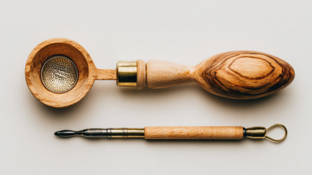 Wooden handled scoop and small rod lie beside a drilled hole, showcasing essential gear for ice fishing in winter.の素材