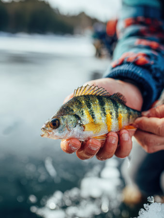 Fishermans hands grasp a small perch, showing the thrill of a successful catch during an ice fishing adventure in winter.の素材