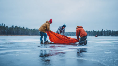 Four friends work together to unfold a bright orange tent on a frozen lake, embracing winter adventure and camaraderie.の素材