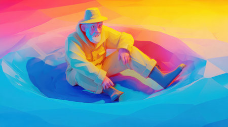 A cheerful 3D fisherman relaxes by an ice hole, enjoying a bright and colorful landscape filled with vivid hues.の素材