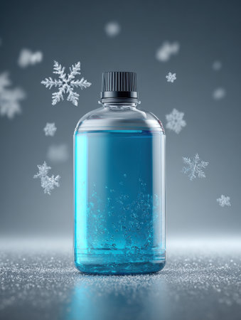 Bright blue antifreeze bottle sits on a gray surface, accented by snowflakes, creating a winter-themed product display.の素材