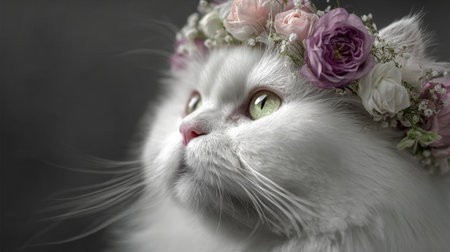 A beautiful white Persian cat adorned with a colorful flower crown gazes thoughtfully in a serene and creative atmosphere.の素材