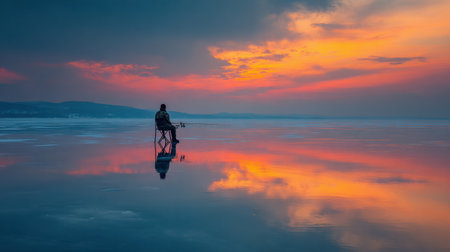 Fisherman sits on a chair, surrounded by a serene frozen lake at sunrise, with an orange sky reflecting beautifully on the ice.の素材