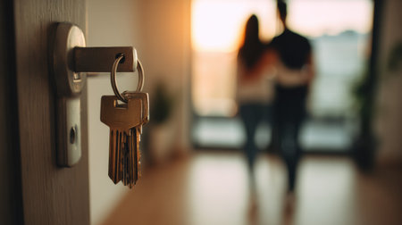 Close view of keys in a door lock as a couple joyfully steps into their new home, filled with warm light, marking a new beginning.の素材