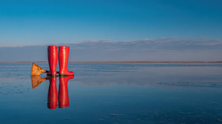 Rubber boots stand near a red ice auger, reflecting on a smooth icy surface with a clear blue sky above, in a tranquil winter setting.の素材