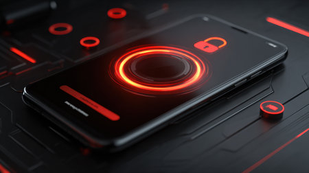 A smartphone is shown with floating alert and lock icons, emphasizing the importance of digital safety.の素材