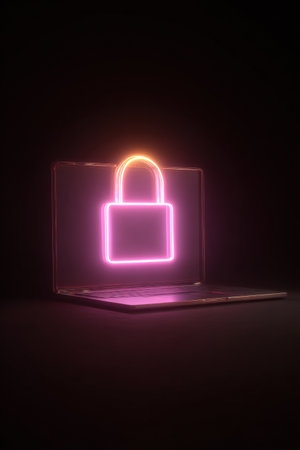 A vibrant neon padlock hologram rises from a laptop screen, symbolizing online safety and digital protection in the modern world.の素材