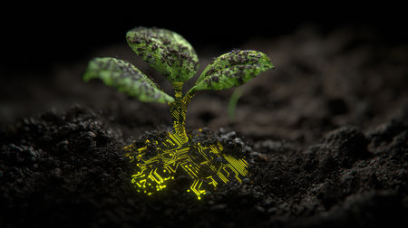 A small green plant emerges from dark soil, featuring glowing digital circuit roots that symbolize innovation and sustainable technology.の素材