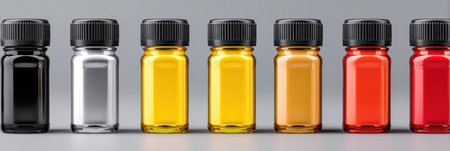 Colorful engine oil bottles arranged neatly on a light gray surface showcase a clean and organized look for automotive enthusiasts.の素材