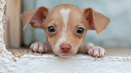 A Chihuahua puppy explores its surroundings with curious eyes, framed by soft pastel colors and an empty background that highlights its features.の素材