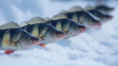 A group of small perch is neatly lined up on the snow, creating a striking visual pattern in the serene winter landscape.の素材