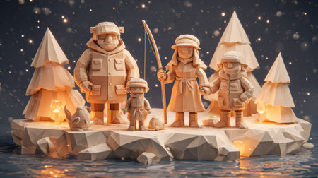 A cozy family enjoys fishing together on a snowy island, surrounded by sparkling snow and glowing trees during a winter evening.の素材