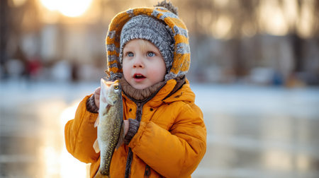 A young boy catches his first fish while ice fishing on a frozen lake, wearing a warm jacket and showing a proud expression.の素材