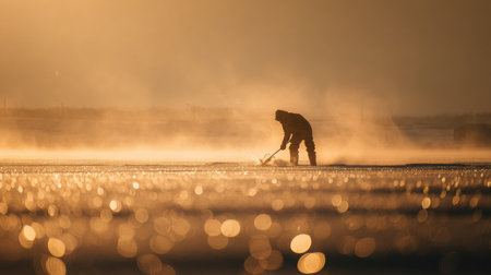 Fisherman drills through ice at dawn, surrounded by sparkling snow and a tranquil horizon. The scene captures natures serene beauty.の素材