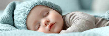 Baby sleeps peacefully, nestled in a soft blanket with a soothing pastel background, creating a tranquil atmosphere for the rest.の素材
