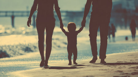 Parents and their small child stroll along a serene beach, holding hands as the sun sets in the background, creating a tranquil atmosphere.の素材