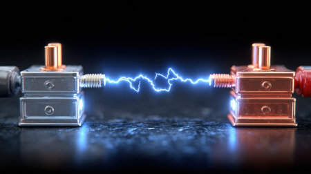 Spark of electricity connects two car battery terminals, demonstrating the flow of energy for vehicle operation.の素材