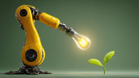 Advanced robotic arm builds eco-friendly devices against a bright industrial background, highlighting innovation in green technology.の素材
