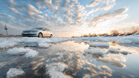 Melting ice creates reflections on a car as the sun sets, highlighting the transition from winter to spring.の素材