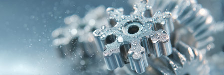 Gears and wheels create a unique snowflake shape, symbolizing winter mechanics and innovation in a cool, icy setting.の素材