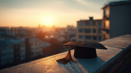 A graduation cap sits on a ledge, basking in the warm sunlight of a sunset, symbolizing achievement and future possibilities.の素材