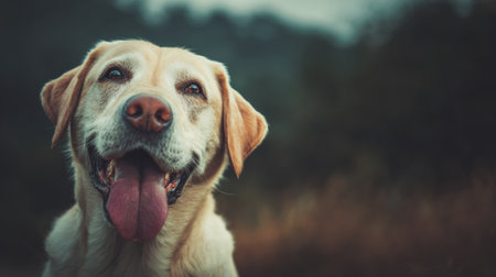 Cheerful Labrador shows its happy side with tongue out in a peaceful environment under soft sunlight, radiating joy and friendliness.の素材