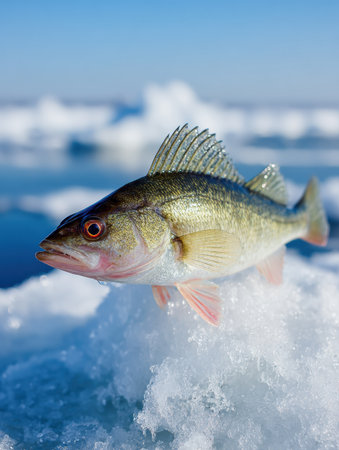 A freshly caught perch rests on the ice by a fishing hole, illuminated by winter sunlight, showcasing frost texture against a clear background.の素材