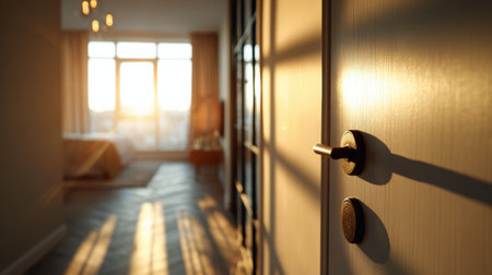 Sunlight fills the apartment entrance, highlighting a key in the door and creating a warm, inviting atmosphere as evening approaches.の素材