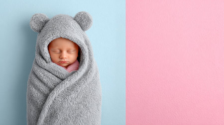A serene baby is sleeping soundly, wrapped snugly in a soft blanket, with a gentle pastel background creating a calm atmosphere.の素材