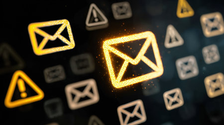 Bright glowing email icons represent phishing attempts, surrounded by danger symbols, illustrating cyber threats in the digital space.の素材