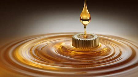 An oil drop descends and merges with a metallic gear, showing an imaginative representation of lubrication in motionの素材