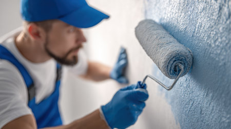 A professional painter uses a roller to apply blue paint to a textured wall, showing the detail and tools involved in the renovation process.の素材
