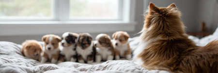 A cat mom observes puppies playing on a bed during a bright day, creating a warm and playful family scene.の素材