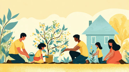 Family members planting and watering young plants in their garden, enjoying quality time while promoting sustainability and nature.の素材