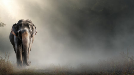 An elephant walks gracefully through a misty landscape, raising its trunk, capturing a moment of wildlife beauty at sunrise.の素材