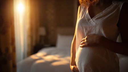 Soft morning light fills the room as a pregnant woman lovingly touches her belly, creating a peaceful, intimate moment in her cozy bedroom.の素材