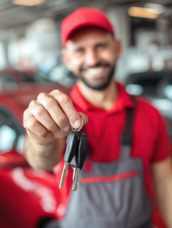 Mechanic smiles as he hands car keys to a happy customer in a vibrant workshop filled with vehicles, creating a friendly atmosphere.の素材