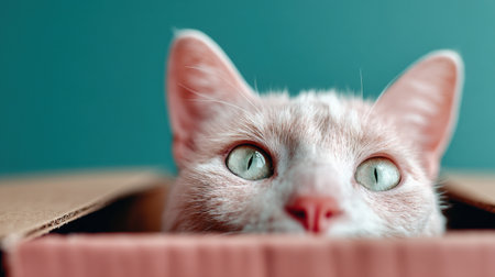 A playful cat peeks out from a paper box, its large eyes full of curiosity and mischief against a pastel-colored background.の素材