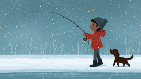 A young boy in a red coat ice fishes on a snowy lake with his brown puppy beside him as soft snowflakes drift down around them.の素材