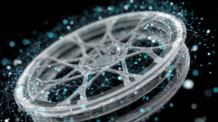 Snow particles uniquely shape a futuristic car wheel, highlighting innovative concepts in vehicle design and technology.の素材
