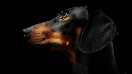 This dachshund exudes grace as it looks sideways, illuminated by warm portrait lighting that highlights its distinct features in low light.の素材